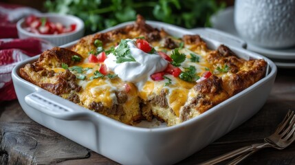 Savory breakfast casserole with cheese, sausage, and toppings in a white dish