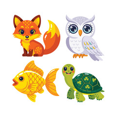 Obraz premium Cute forest and pond animals vector set with fox, owl, goldfish, turtle, kids birthday party, nursery decor, autumn festival