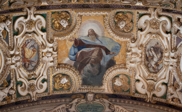 NOVARA, ITALY - JANUARY 16, 2026: The fresco of Got the Creator in the church Basilica di San Gaudenzio by Giovanni Battista and Giovanni Mauro della Rovere (1610).
