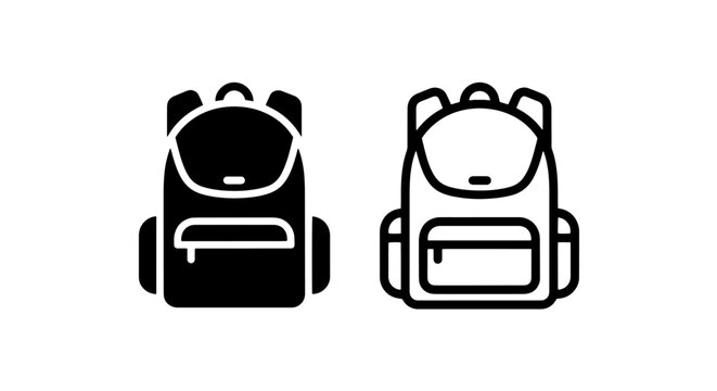 Simple black and white backpack icon with front pocket, perfect for travel, school, and outdoor designs
