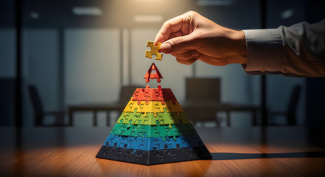 Hand placing puzzle piece on colorful pyramid in office