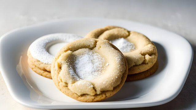 Homemade cookies on white plate with powdered sugar topping  