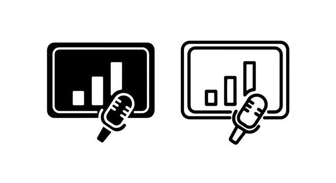 Podcast microphone and graph icon set, audio recording and analytics silhouette and outline