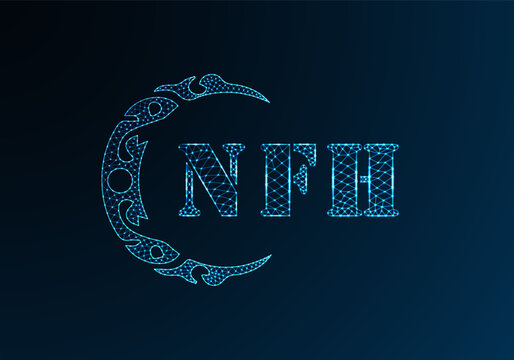 Low poly letter logo NFH design. NFH letter logo low poly vector design on blue color gradient background. NFH logo low poly design