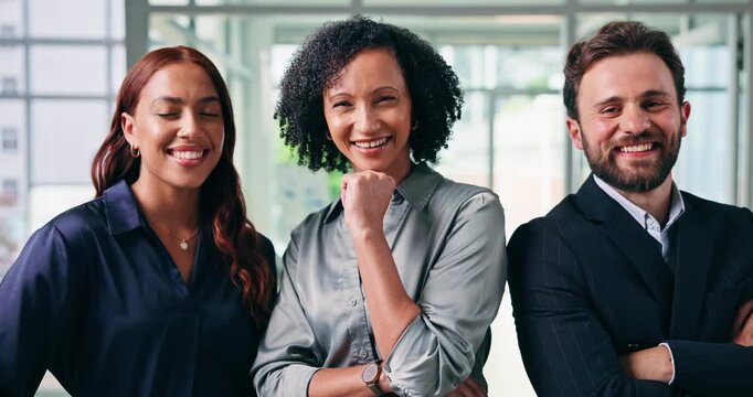 Journalist, face or team in office with laugh, solidarity or career pride in media agency. Happy, portrait or people in newsroom with confidence, press staff or synergy in publishing industry.