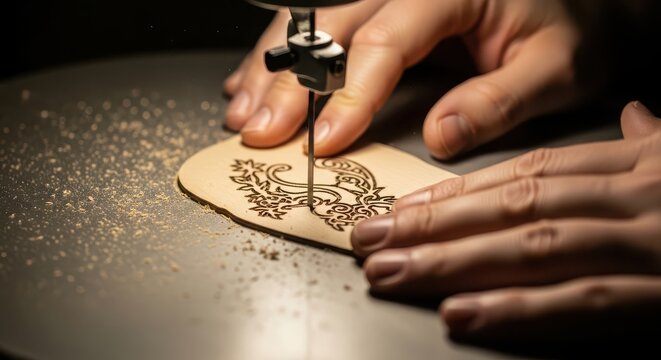 A craftsman meticulously engraving intricate designs on a wooden surface using a hand tool.