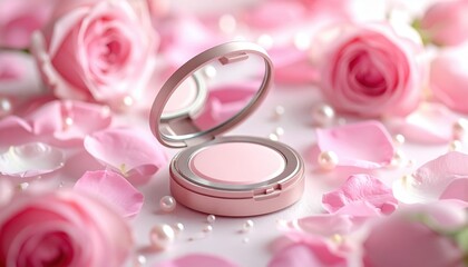 FlyPro Firefly Petite Perfume Compact with Mirrored Lid Open Revealing Solid Perfume on Pink Rose Petals