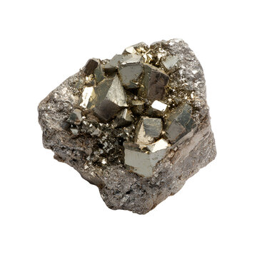 Natural pyrite mineral crystal chunk with metallic gold luster isolated on white background