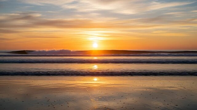 Ocean Sunset Serenity: The sun dips below the horizon, painting the sky with fiery hues. Reflections dance on the wet sand as gentle waves lap the shore, creating a scene of peaceful tranquility. 