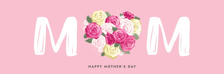 Mom Day, happy Mother's Day,  horizontal banner, on isolated white background,  heart shape artistic drawn roses, template vector  © Natalya