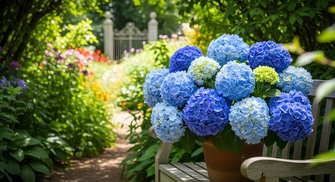 Vibrant blue hydrangea flowers in a terracotta pot on a wooden bench in a lush summer garden