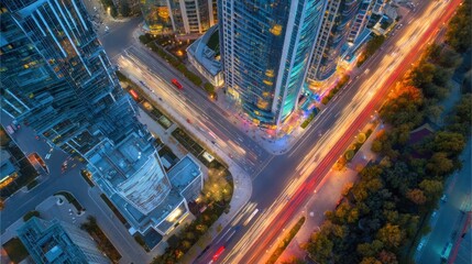 Aerial view of city buildings and illuminated roadways at twilight