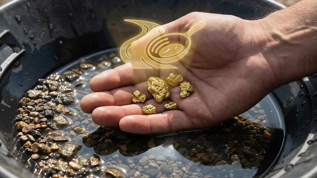 Pure gold nugget in hand, extraction from water and stones symbolizing precious metal investment and trading with low cost extraction for wealth accumulation and money growth
