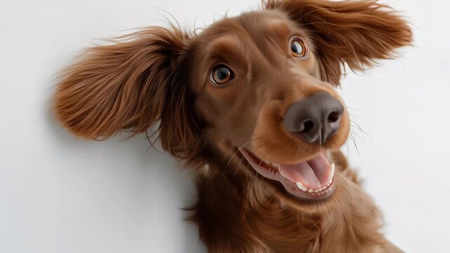 Playful brown dog with floppy ears smiling at camera isolated on white background joyful pet portrait