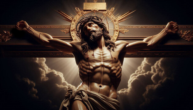 Raffigurazione dettagliata di Cristo crocifisso con aureola dorata e sfondo luminoso. Immagine intensa e spirituale, ideale per temi religiosi, devozionali e ispirazionali.