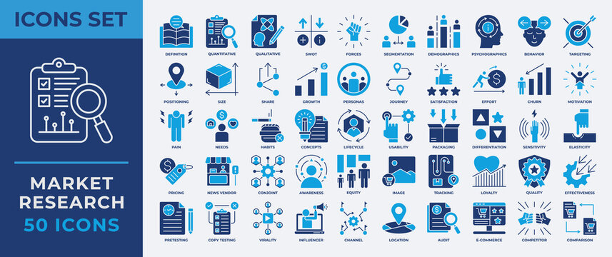 Market Research Icon Set Vector Illustration. With  market, research, analytics, audit, growth, location, pricing, target, segmentation and more icon. Icon Collection Set Flat Blue Style. 