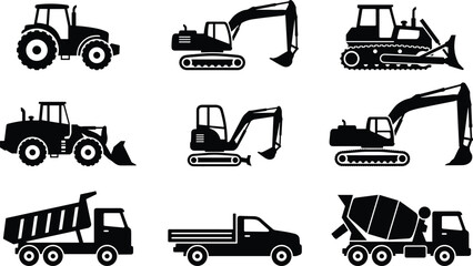 Construction vehicle silhouettes set including excavator, bulldozer, tractor, dump truck and cement mixer, heavy machinery equipment isolated on white background illustration © Shahariar's World