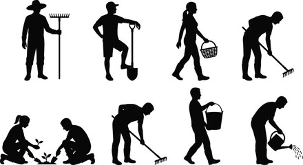 Gardener and farmer silhouettes working with rake, shovel and watering can, planting and harvesting concept isolated on white background illustration set © Shahariar's World