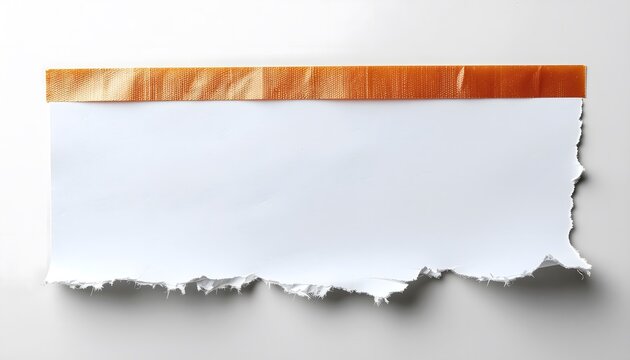 Torn paper edge with orange stripe on white background viewed from front