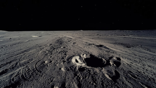 Lunar surface crater night sky stars horizon rocky regolith