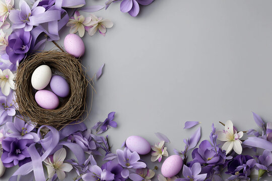 easter background with empty space in the center, pastel-colored eggs and flowers, ribbons around the frame, bird's nest on a light gray background