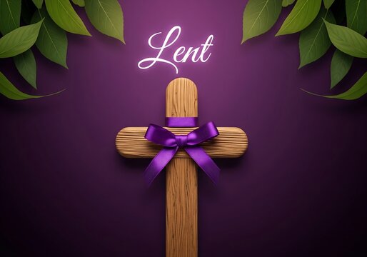 A wooden cross adorned with a purple ribbon, symbolizing the lent season.
