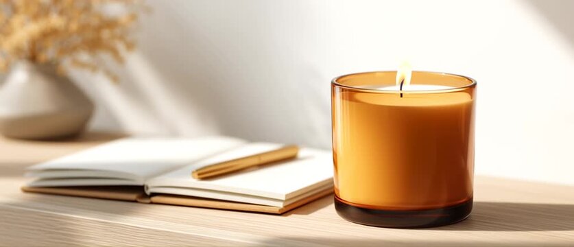 A lit candle sits on a wooden surface next to an open notebook and a pen