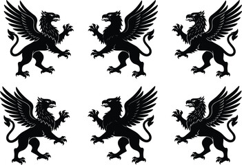 Obraz premium Black Griffin Silhouette Icon Set Featuring Mythical Creature Poses With Eagle Heads And Lion Bodies For Heraldry Fantasy Folklore Mythology Mascot And Creative Logo Design
