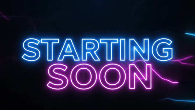 Neon signage indicating an upcoming event or launch viewed from a straight-on perspective in a dark environment