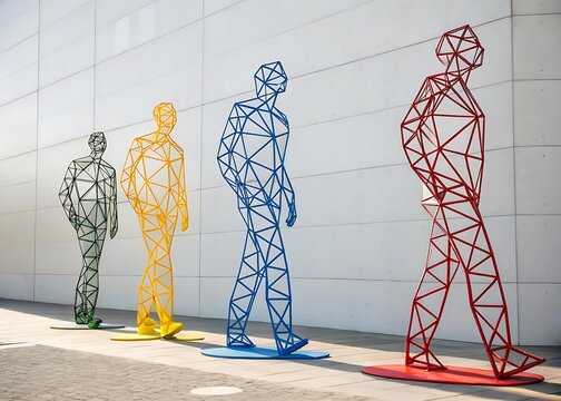 Wireframe Humanoid Sculptures in Green Yellow Blue and Red Walking modern art geometric