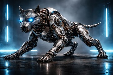 Fototapeta premium Futuristic Cybernetic Dog Robot with Glowing Blue Eyes in a Dark Sci-Fi Setting