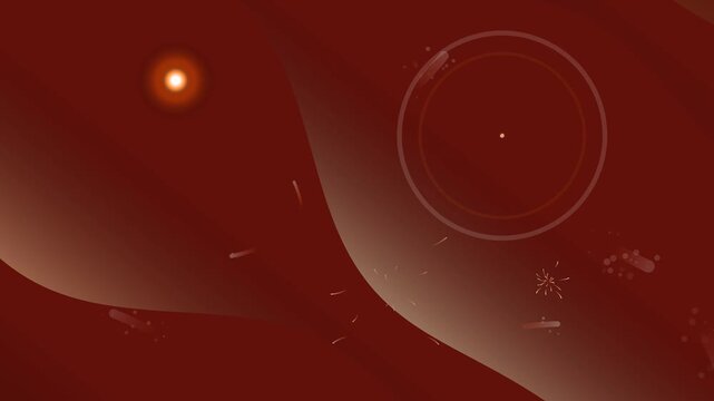 A vibrant red abstract wallpaper featuring glowing circles and shiny waves that create a magic festive backdrop with bright light and vector stars for a holiday card design