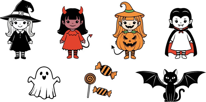 Whimsical Halloween characters witch, devil, pumpkin girl, vampire, ghost, candy, cat