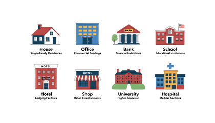 Building Icon Set. Containing house, office, bank, school, hotel, shop, university and hospital icons. Perfect for maps, architecture, and real estate designs