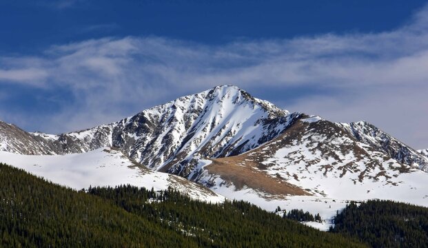  snow-capped crystal peak  in the ten mile range of the colorado rocky mountains  from copper mountain,   colorado, in spring       