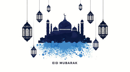Eid mubarak greeting card with mosque and lanterns on white background © S.Siam