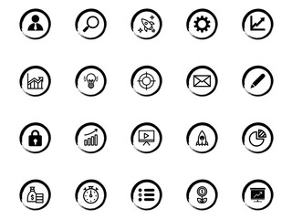 Grunge style business and technology circular icon set for web and mobile.