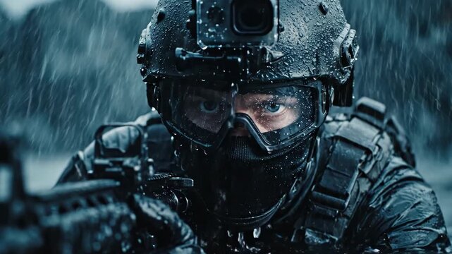 Special Forces Soldier in Tactical Gear Emerging from Water During a Covert Operation in Rain.