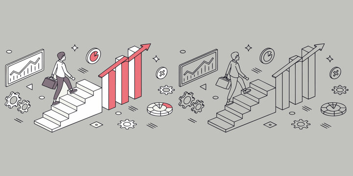 Corporate career vector illustration featuring person walking up stairs towards bar graphs
