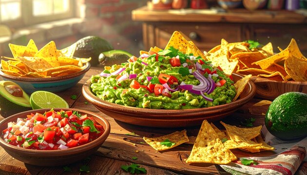 Rustic kitchen table filled with guacamole, tortilla chips, fresh avocados, limes, and pico de gallo, symbolizing sharing and celebration.
