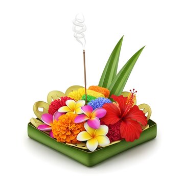 3D Realistic Balinese Canang Sari Offering with Colorful Flowers and Incense Isolated on White Background.