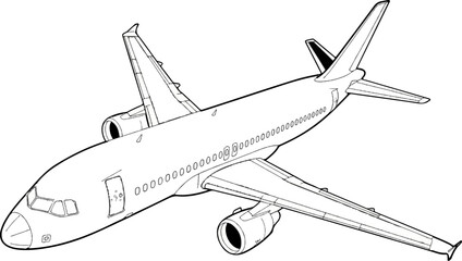 Detailed line drawing of a passenger jetliner, angled view, showing engines, wings, and tail