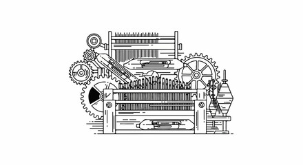 Intricate mechanical loom with gears and spools