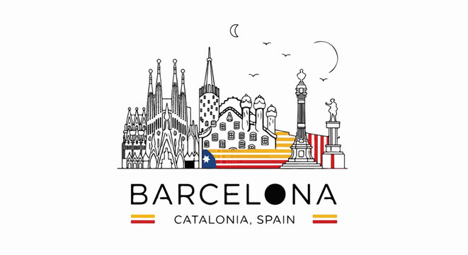 Iconic Barcelona skyline with famous landmarks and Catalan flag