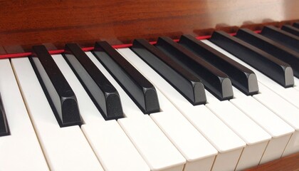 Close-up piano keyboard with alternating black and white keys, accented by a vivid red panel, symbolizing music and creativity.