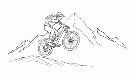 Mountain biker airborne over rugged terrain with peaks behind © Resa