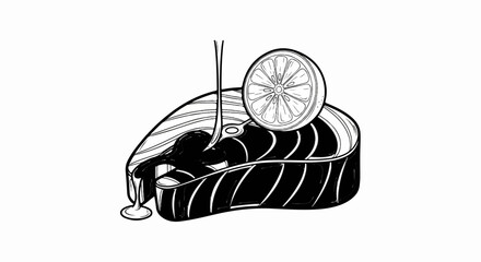 Black and white illustration of a raw fish steak with sauce and lemon slice