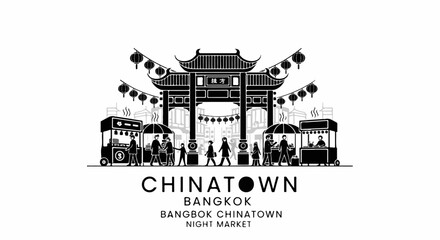 Obraz premium Bangkok Chinatown night market illustration with traditional gate and food stalls