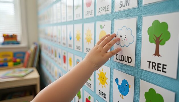 A hand touches a visual schedule with icons on a wall, classroom routine, educational organization.