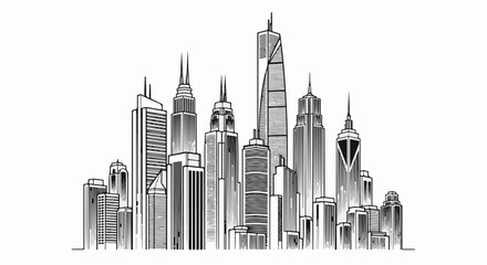 Obraz premium Stylized black and white illustration of a dense city skyline with varied skyscrapers
